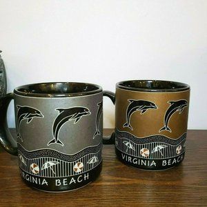Virginia Beach Souvenir Coffee Mug Black Gold Silver Dolphin Hz Korea Lot Set 2